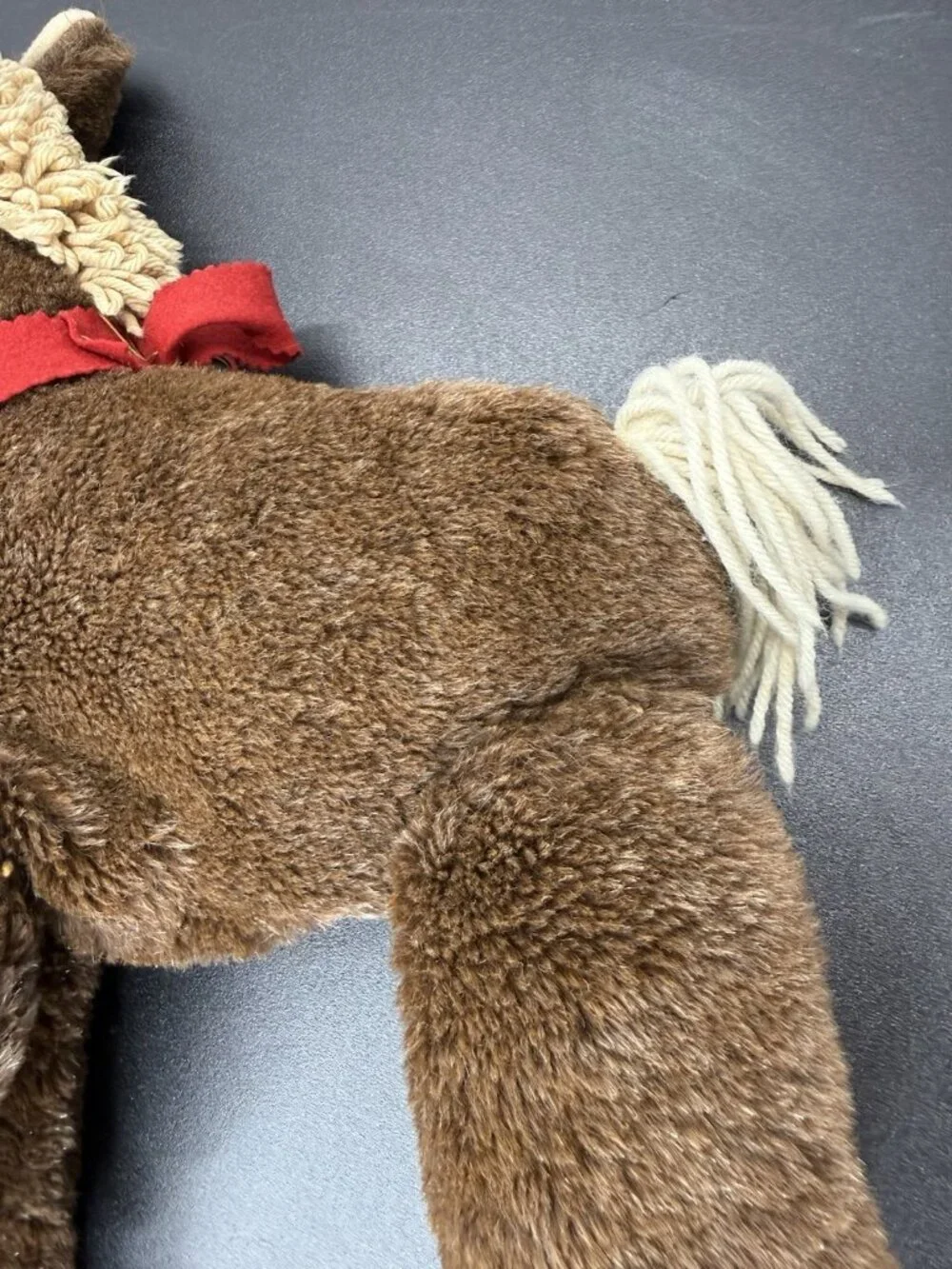 Vintage Handmade 18” Plush Stuffed Animal Horse With Red Bow Jingle Bell